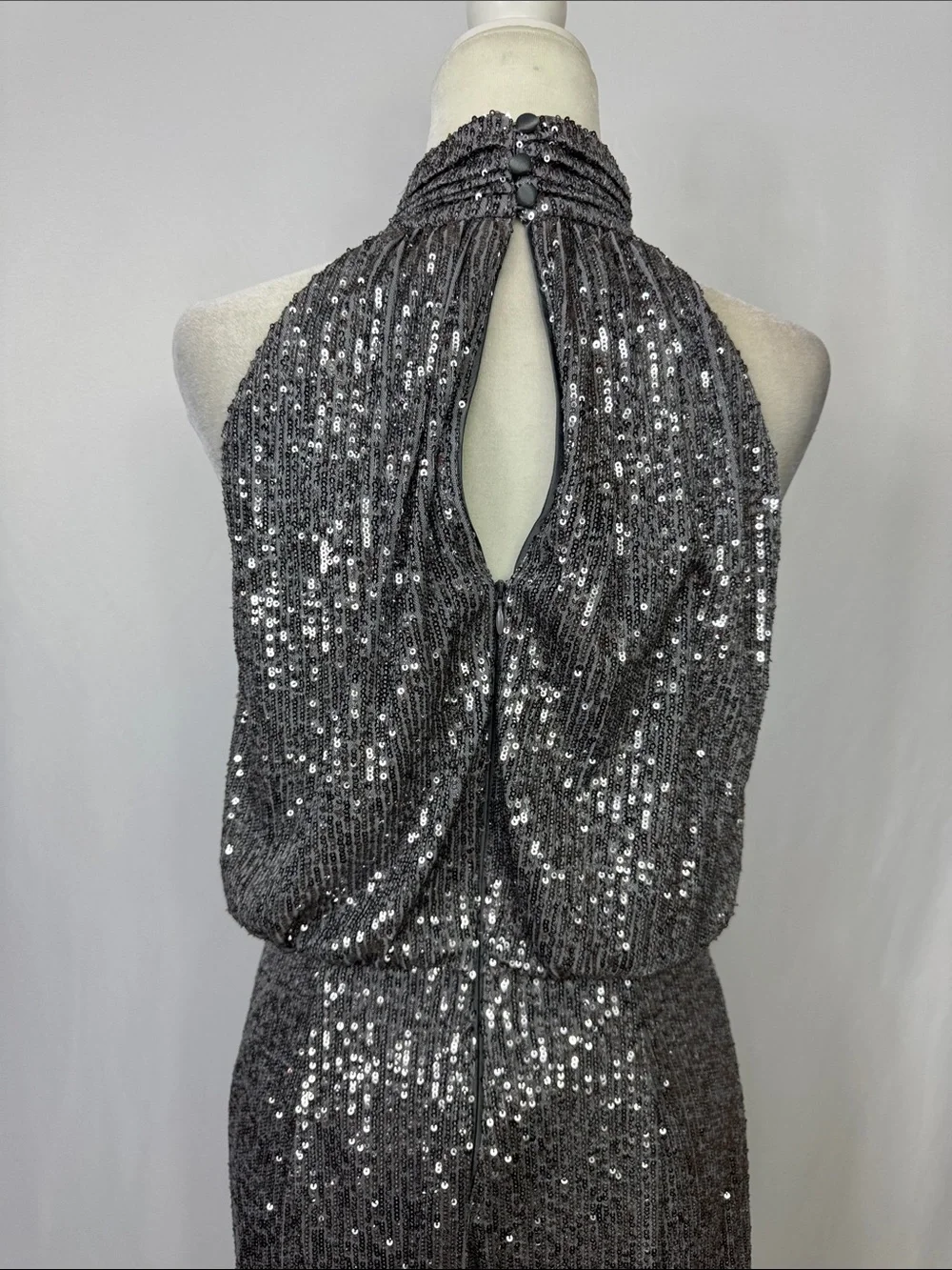 Eliza J Sequin Mock Neck Jumpsuit Size 8 Gunmetal Silver - Picture 7 of 11
